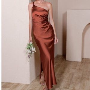 Revelry Jade Satin Dress in Terracotta Color